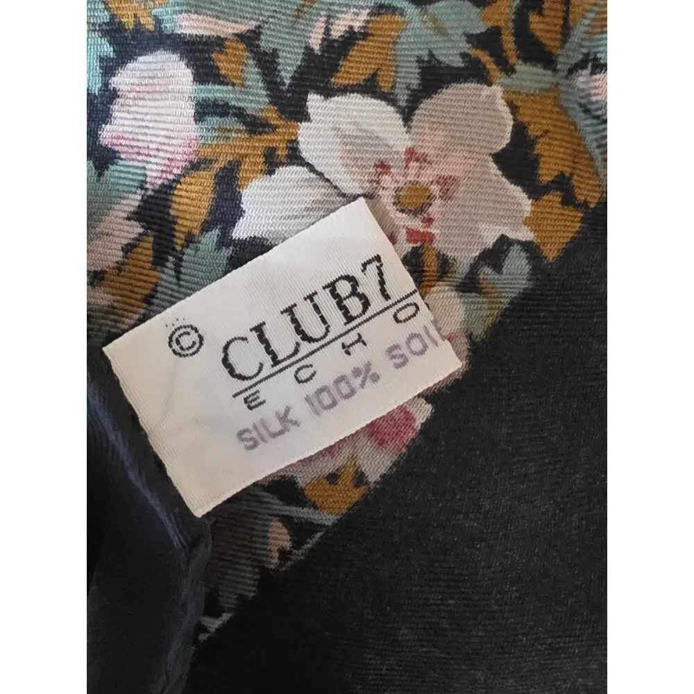 Club 7 Echo 100% Silk Floral Scarf Large Square Black Pink Teal Botanical 30